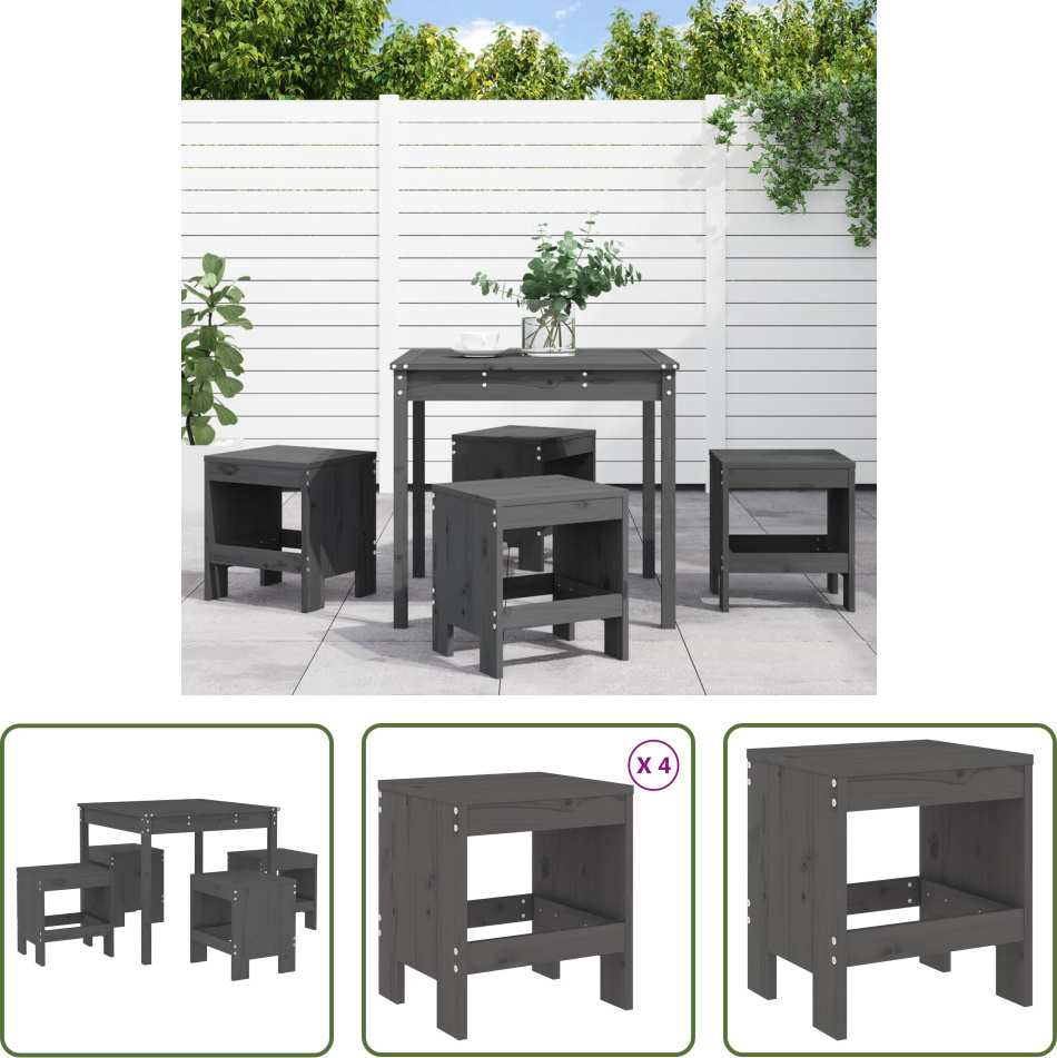 The Living Store 5-dielny záhradný jedálenský set sivý z masívneho borovicového dreva