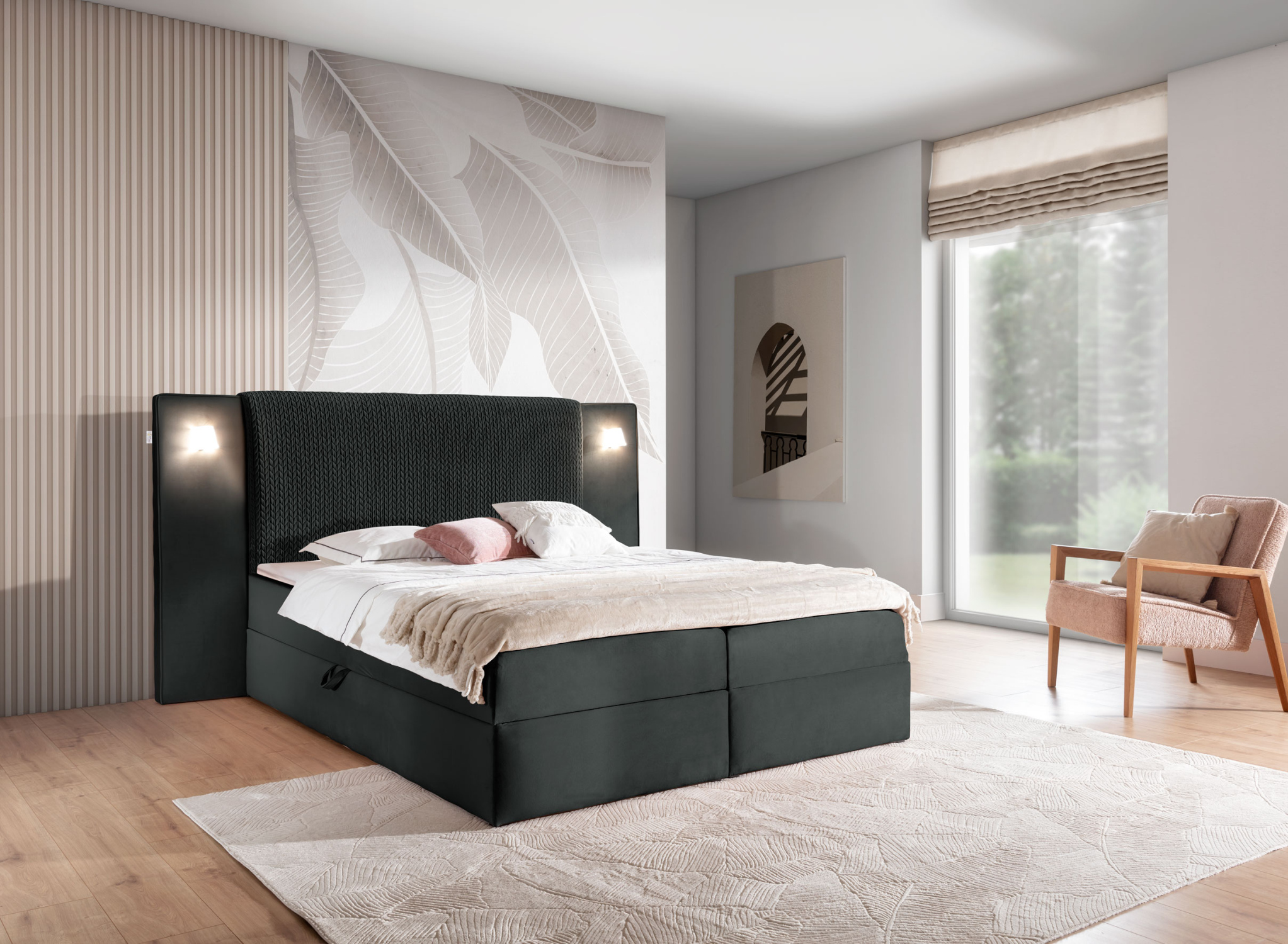 Manželská posteľ 140x200 SIANA s LED osvetlením - čierna + topper ZDARMA