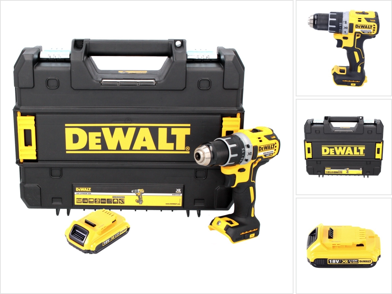 Akumulátorový vŕtací skrutkovač DeWalt DCD 791 NT 18 V 70 Nm bez kefiek + 1x akumulátor 2,0 Ah + TSTAK - bez nabíjačky