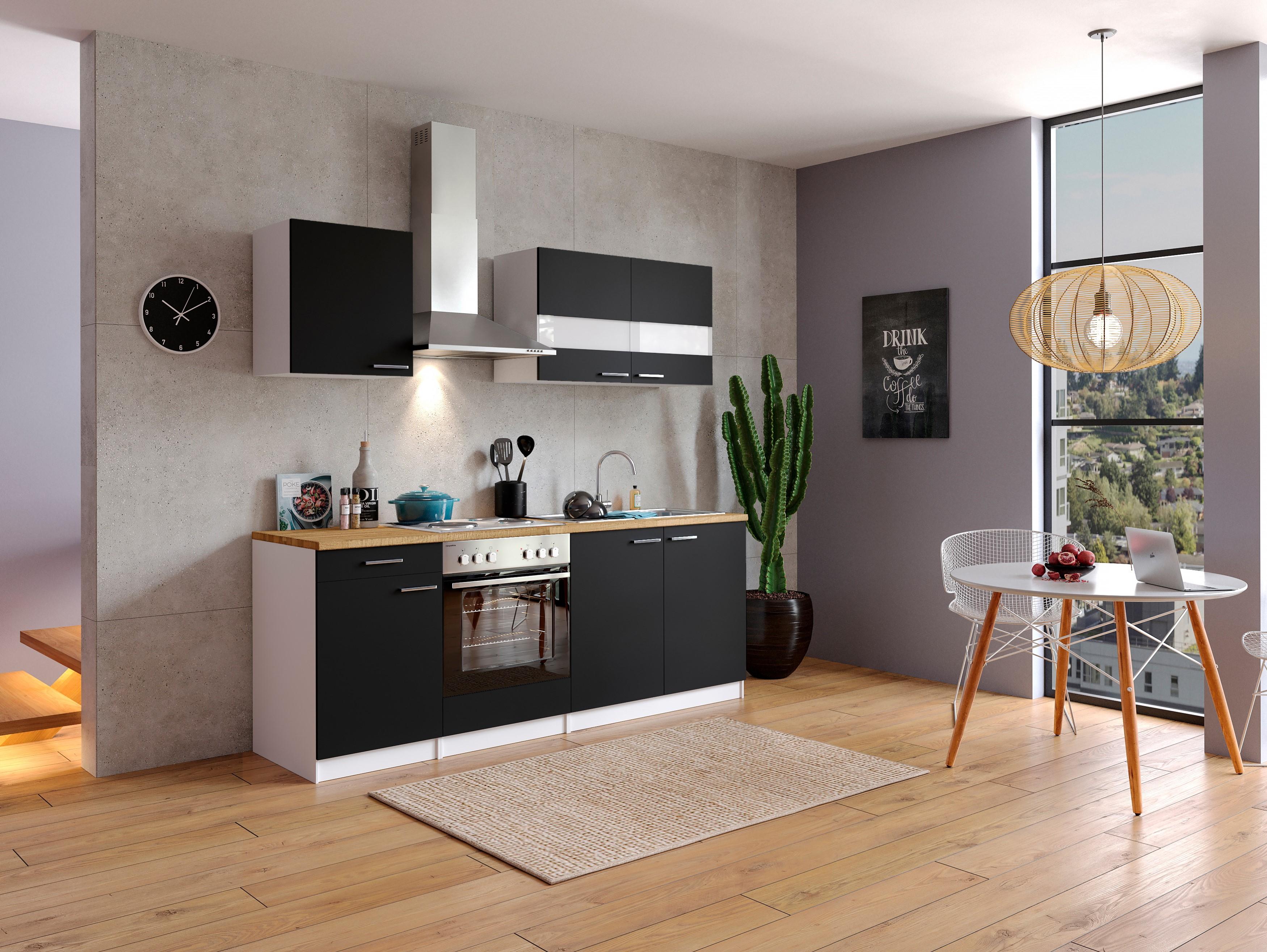 Küche Küchenzeile Küchenblock Einbauküche Weiß Schwarz Malia 210 cm Respekta KB210WSG