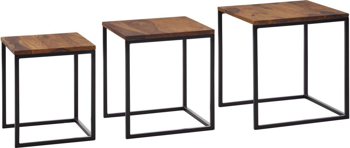 FineBuy Satztisch 3er Set Sheesham Massivholz / Metall Beistelltisch Eckig Modern, Design Couchtisch 3-teilig, Wohnzimmertisch Platzsparend, Holztisch Kaffeetisch Wohnzimmer