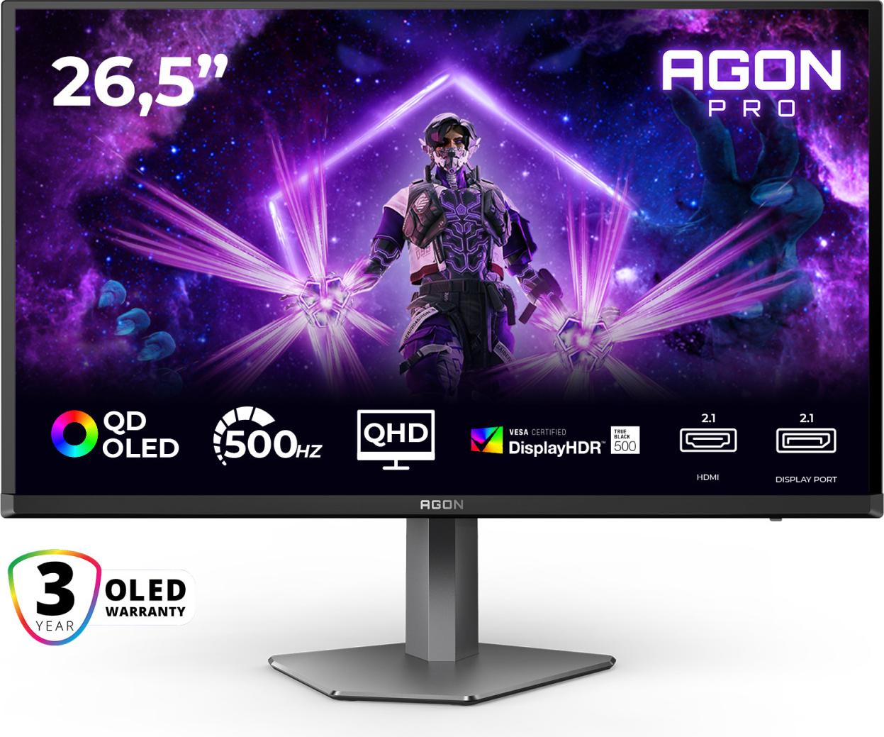 AOC AGON PRO AG276QKD2, 67,3 cm (26.5"), 2560 x 1440 px, Quad HD, QD-OLED, 0,03 ms, Čierna, Šedá