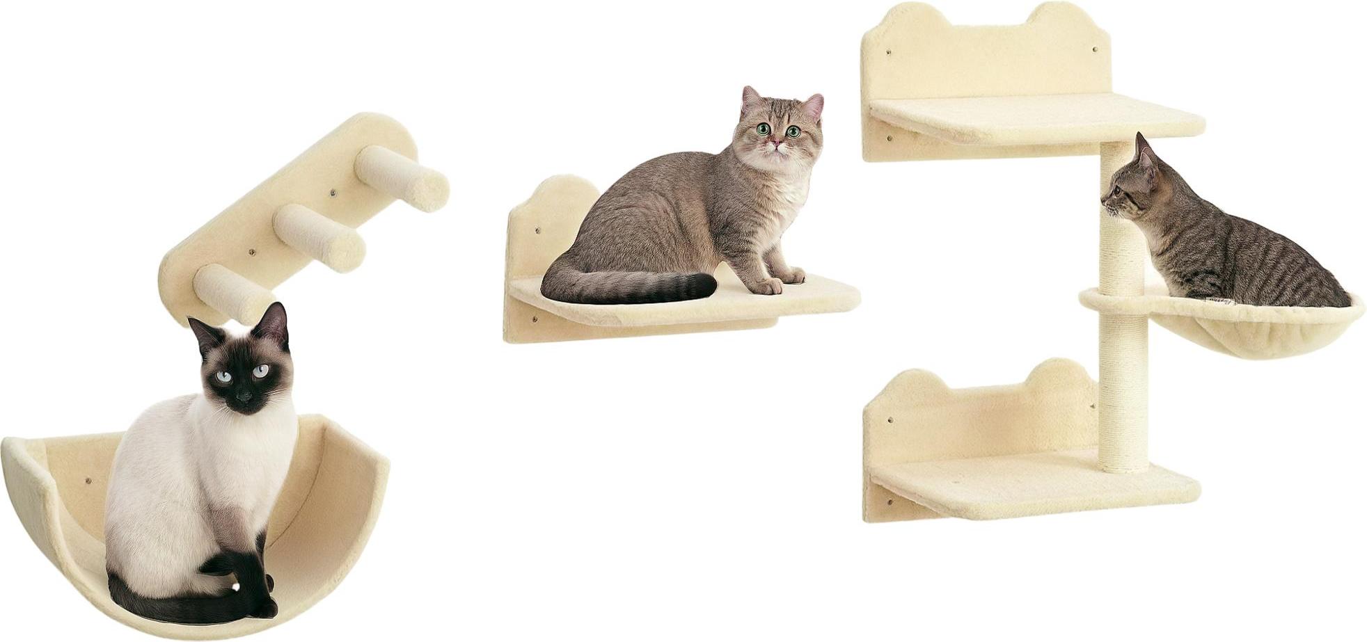 PawHut Katzen Kletterwand 4 tlg. mit Kaztentreppe Hängematte, Sprungplatt D30-555V00BG