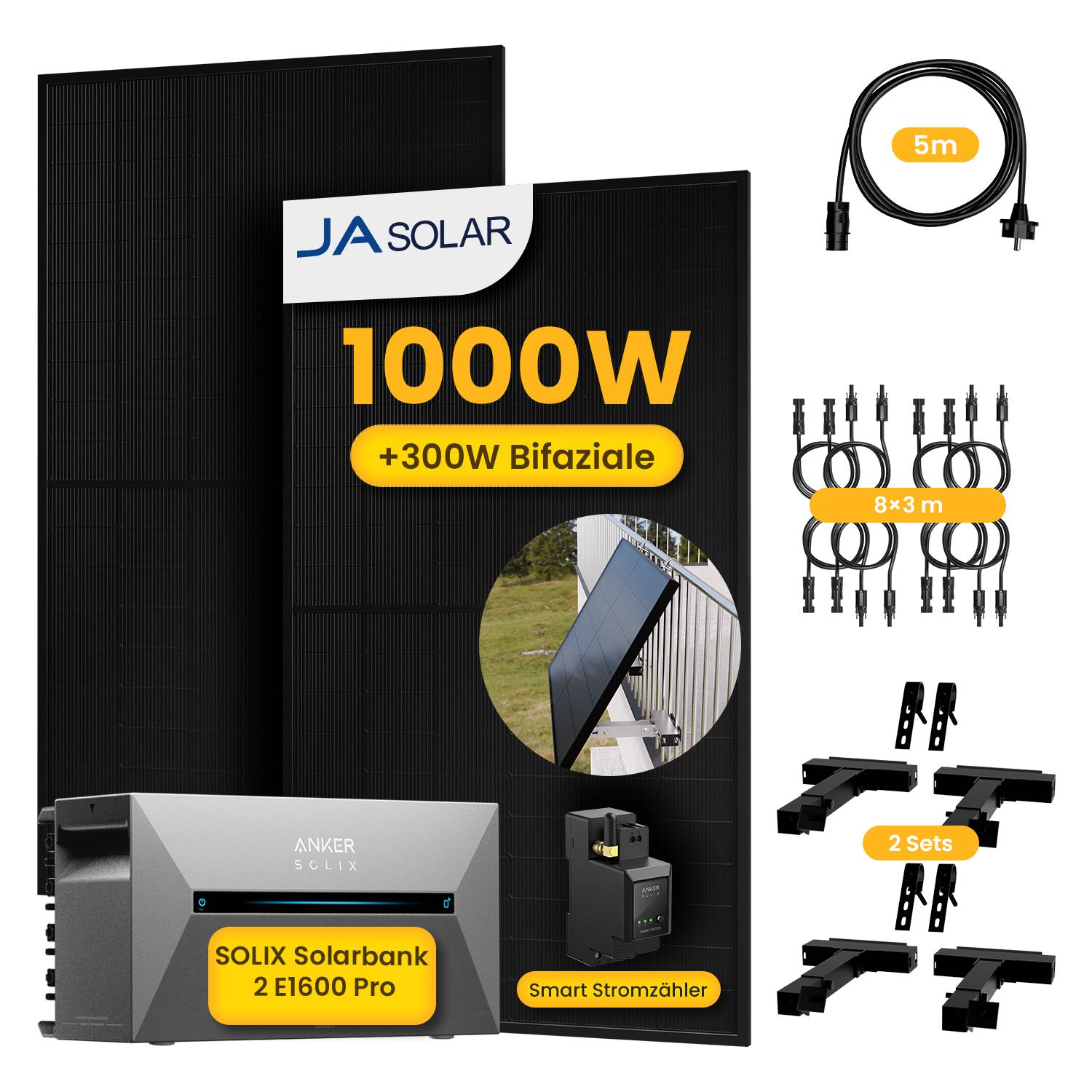 Powerness Balkonkraftwerk Speicher Anker SOLIX E1600 Pro & 1000W JA Solar Modulen mit Smart Meter & 2 Set Balkon Haken Halterung Schwarz (0% MwSt) Image
