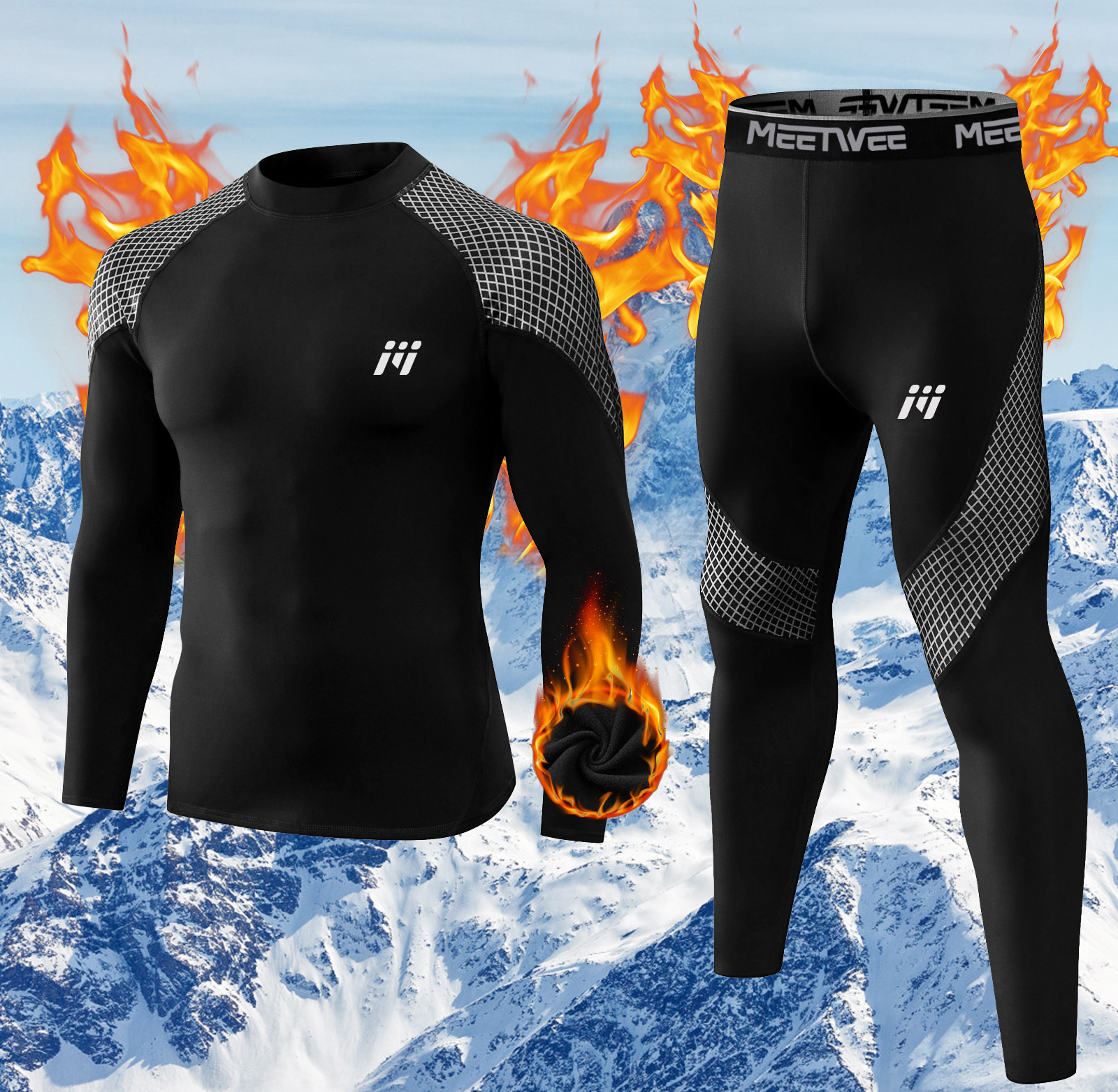MEETYOO Herren Thermo Unterwäsche Set Skiunterwäsche Funktionsunterwäsche Thermounterwäsche Lang Thermohemd & Thermohose Atmungsaktiv Thermisch Schwarz XL