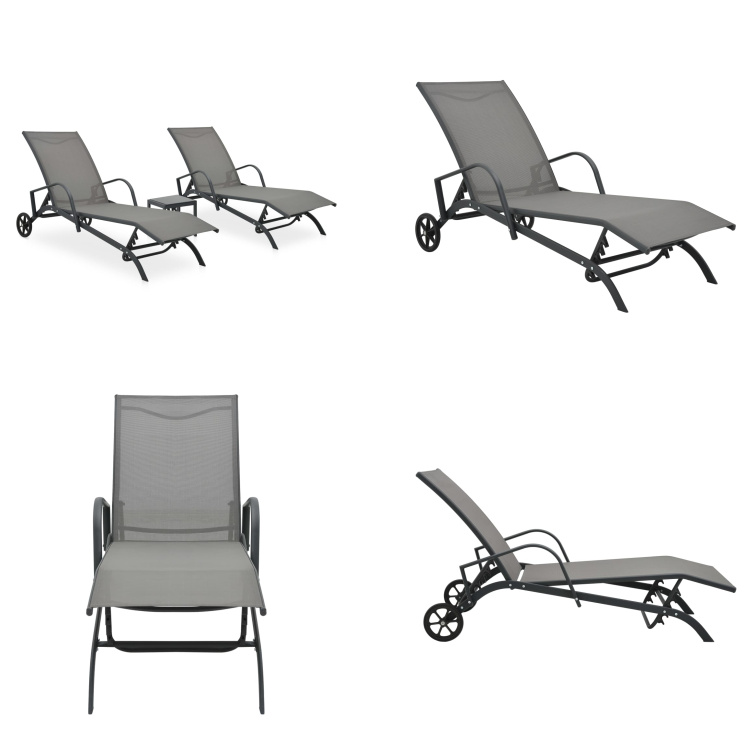 vidaXL Lehátka 2 ks so stolíkom z textilu a ocele - Lehátko a stolík - Lehátka a stolíky - Lehátka - Lehátka