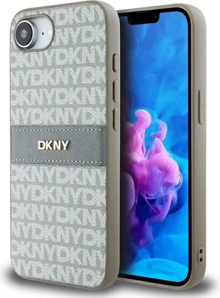 DKNY ochranný kryt s opakujúcim sa vzorom a tónovaným pruhom pre iPhone 16e béžový DKHCPSE4PRTHSLE