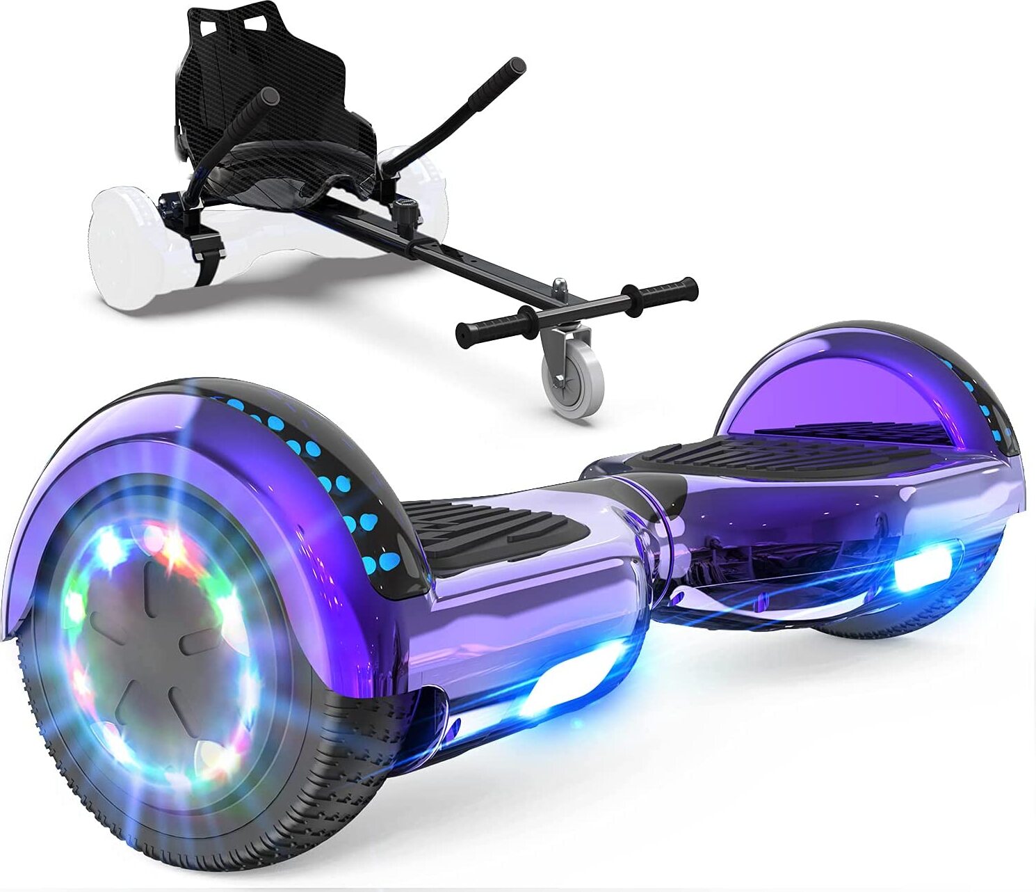 GeekMe Hoverboard mit Sitz, Hoverboards 6.5 Zoll Hoverkart,Hoverbaords Go-Kart mit Bluetooth-Lautsprecher LED-Leuchten, Geschenk für Kinder Jugendliche Erwachsene JD6