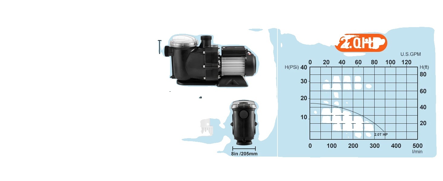 Čerpadlo pre nadzemné bazény, možnosti výkonu 1,5 hp / 2,0 hp / 2,5 hp, maximálny výtlak vody až 27255 l/h , 2 hp