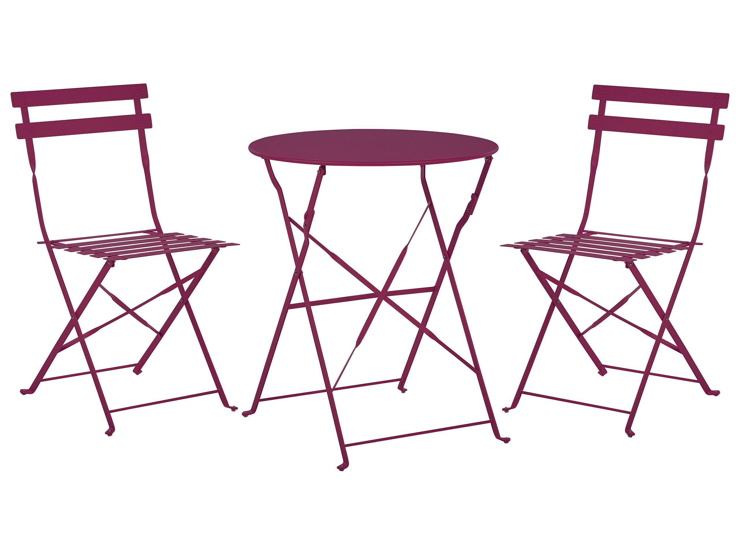 BELIANI 3-dielna bistro sada bordová kovová skladacie stoličky okrúhly skladací stolík lamelový dizajn balkón terasa