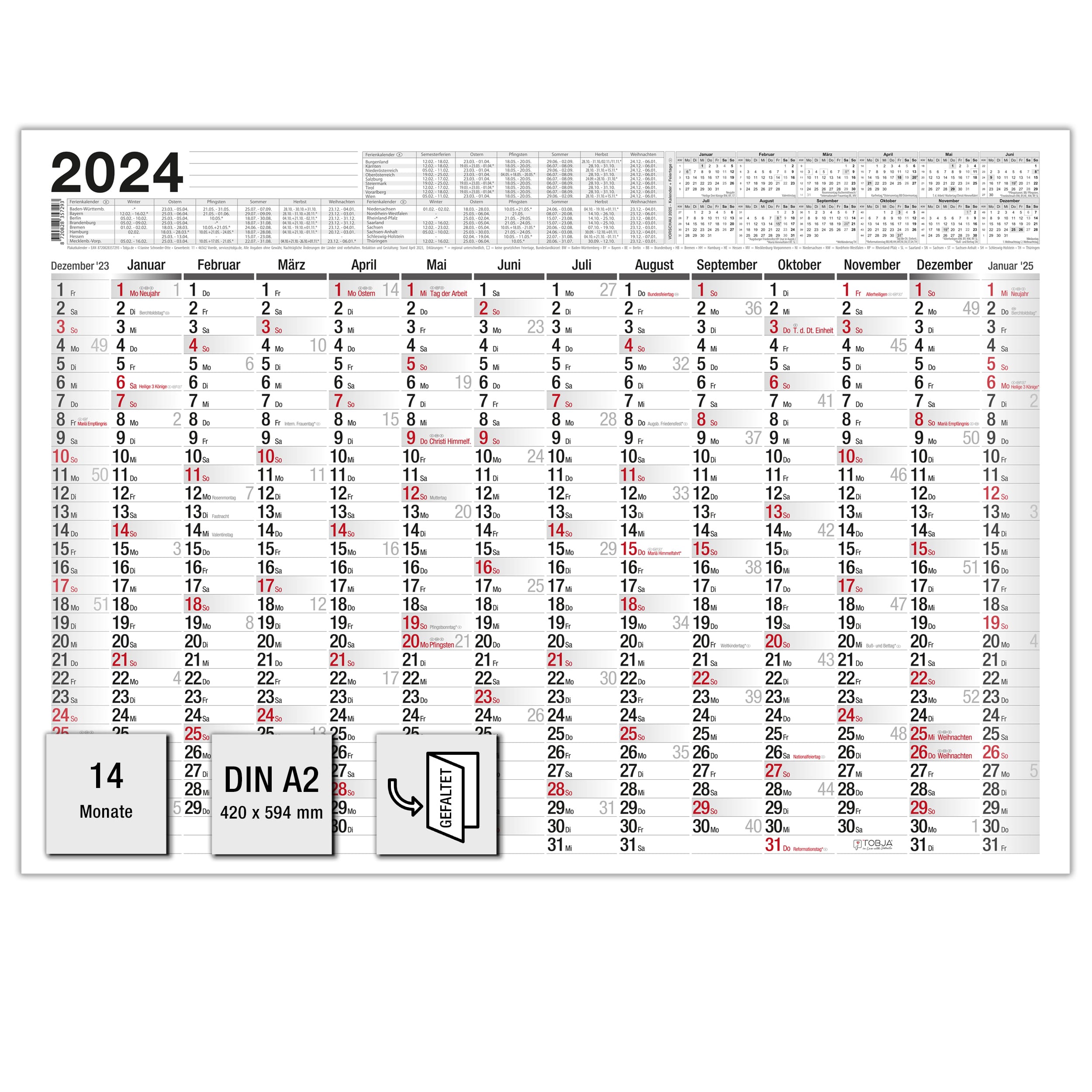 2024 XXL Wandkalender Wandplaner Jahresplaner Kalender 2024 DIN A1 GEFALTET  Bunt