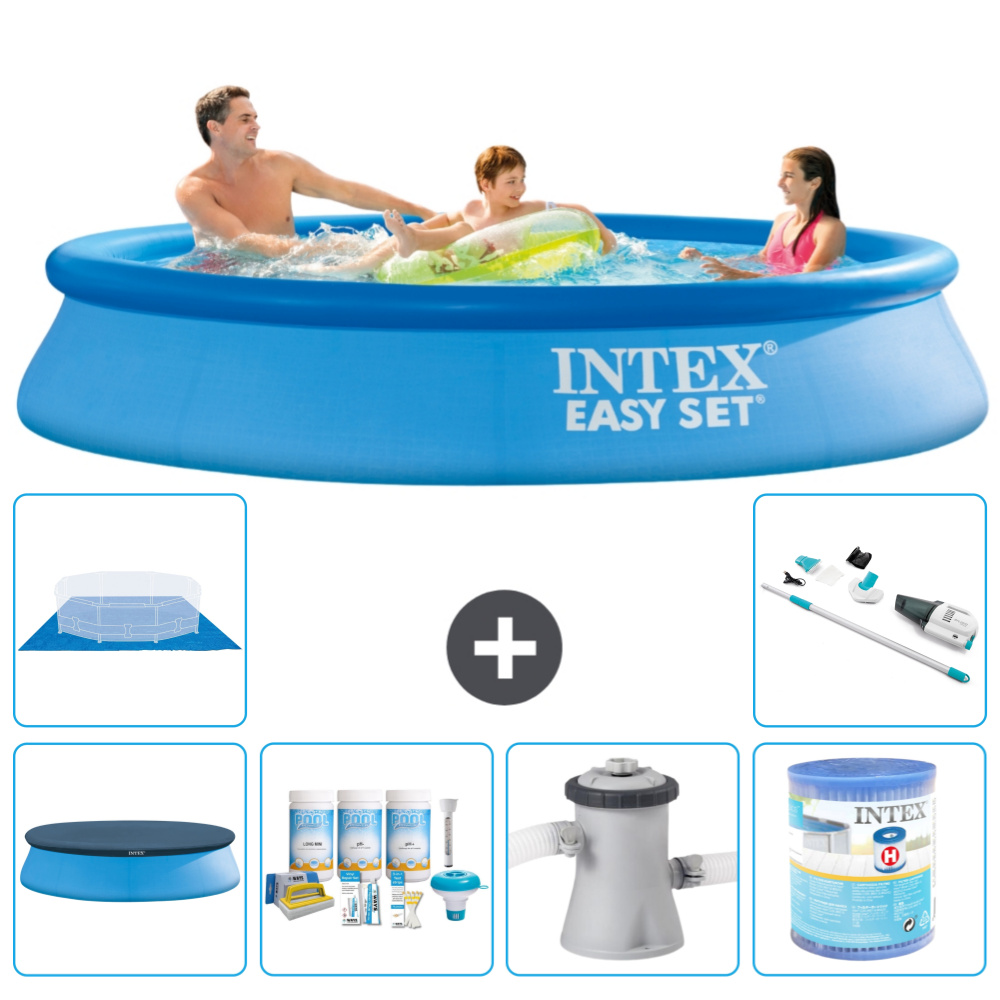 Okrúhly nafukovací bazén Intex Easy Set - 305 x 61 cm - modrý - obsahuje kryt - balík na údržbu - filtračné čerpadlo pre bazén - filter - podložka - vysávač