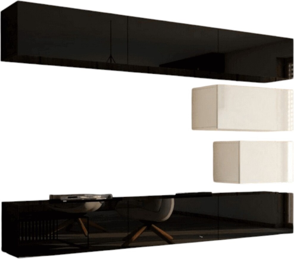 Meublorama Schwarz-Weißes Wohnzimmermöbelset, hängend, Kollektion CEPTO XVI, 249 cm, 8 modulare Möbelstücke.