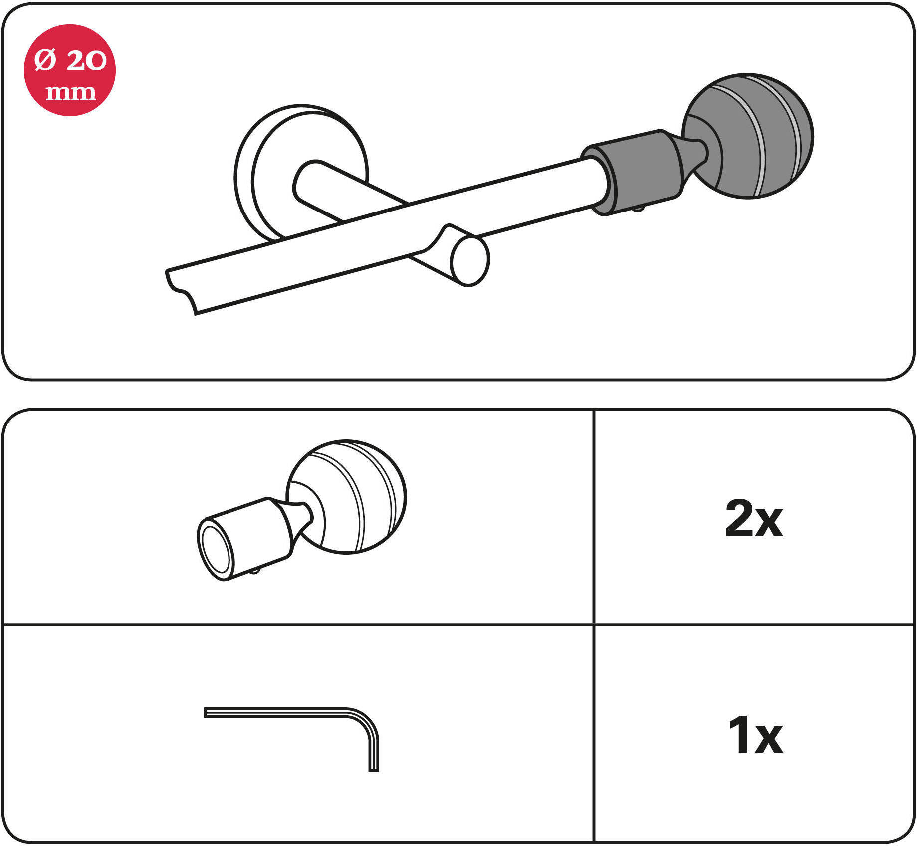 Gardinia Endknopf Kugel zu Stilprogramm Chicago, Ø 20 mm, titan, 2-er Pack 10011163
