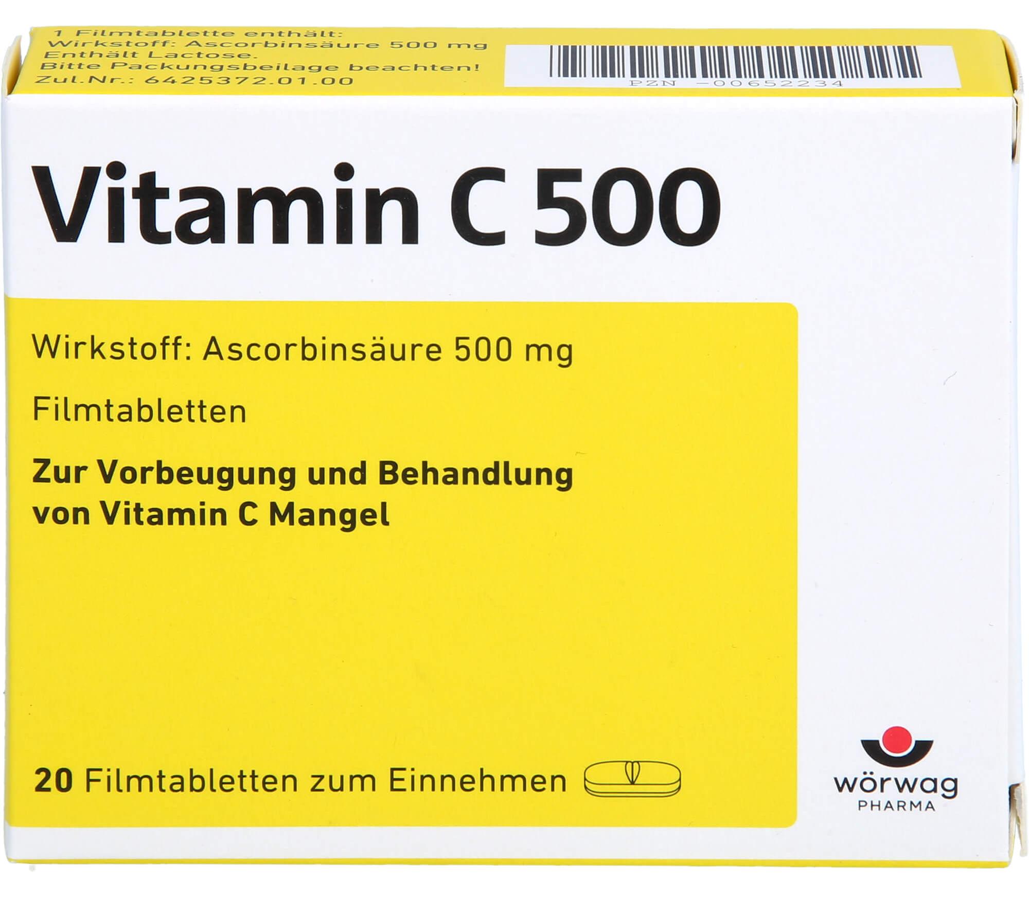 Wörwag Pharma GmbH & Co. KG Wörwag Vitamin C 500 Filmtabletten bei Vitamin C Mangel, 20 St. Tabletten 00652234