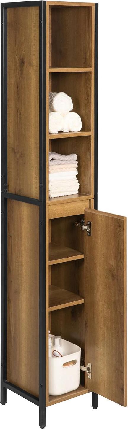 Badezimmer-Hochschrank BZR62-PF, 3 offene Fächer und 1 Tür, Vintage-Look, braun, 30 x 168 x 28 cm