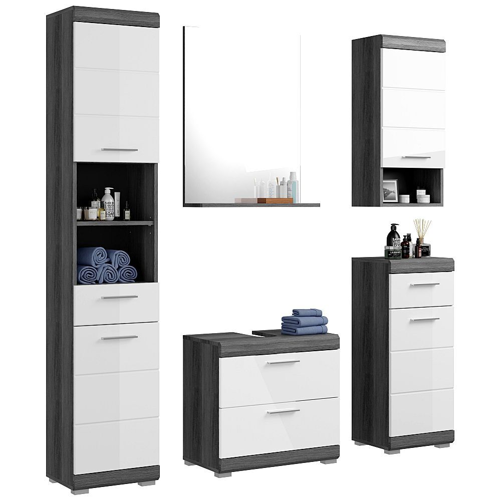 Lomadox Badezimmermöbel Set 5-teilig modern in Hochglanz weiß mit grau SIROCO-158 LA158-SIROCO-158-SET26