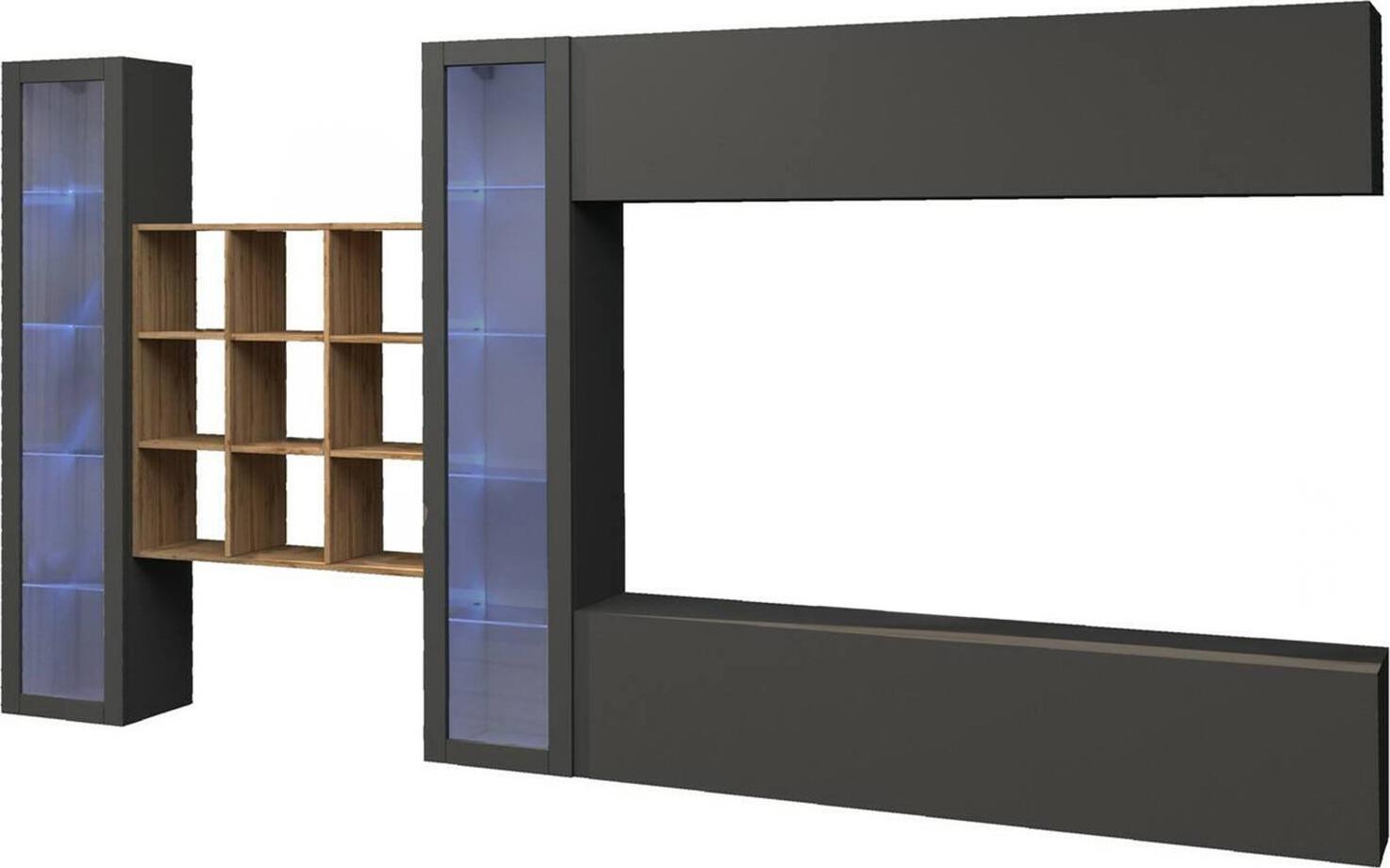 Dmora Wohnzimmermöbel Dfancon, Wohnzimmer-Set TV-Möbel mit 4 Türen, Mehrzweck-Wohnzimmermöbel mit Vitrine und LED-Beleuchtung, 100 % Italy, cm 350x30h180, Anthrazit