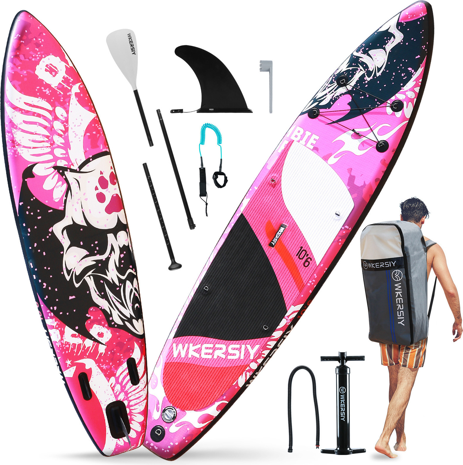 WKERISY Stand Up Paddle Board, SUP Paddle Board Set, nafukovacia surfovacia doska + pádlo Surf Board Paddle Board, 320 * 79 * 15 cm, nosnosť 330 libier, ružová