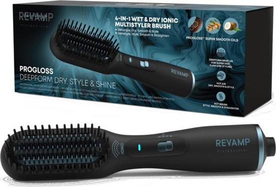 Revamp Progloss Deepform Ceramic Straightening Brush - 2 in 1 Hair Brush and Straightener for Wet or Dry Hair, Ceramic Coated and Enriched with Valuable Oils BR-2500-EU
