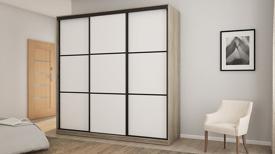 Schiebetürenschrank 3D/220 in Eiche hell/Weiß mit schwarzen Beschlägen