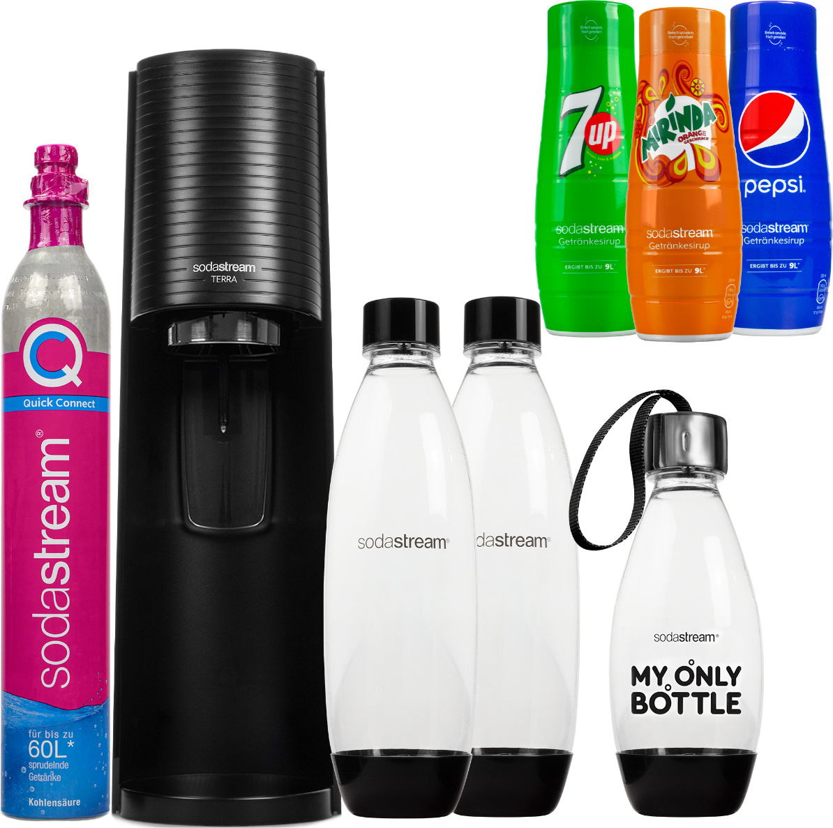 Výrobník perlivej vody SodaStream Terra Black tri čierne fľaše + 3 sirupy (Pepsi + Mirinda + 7UP)