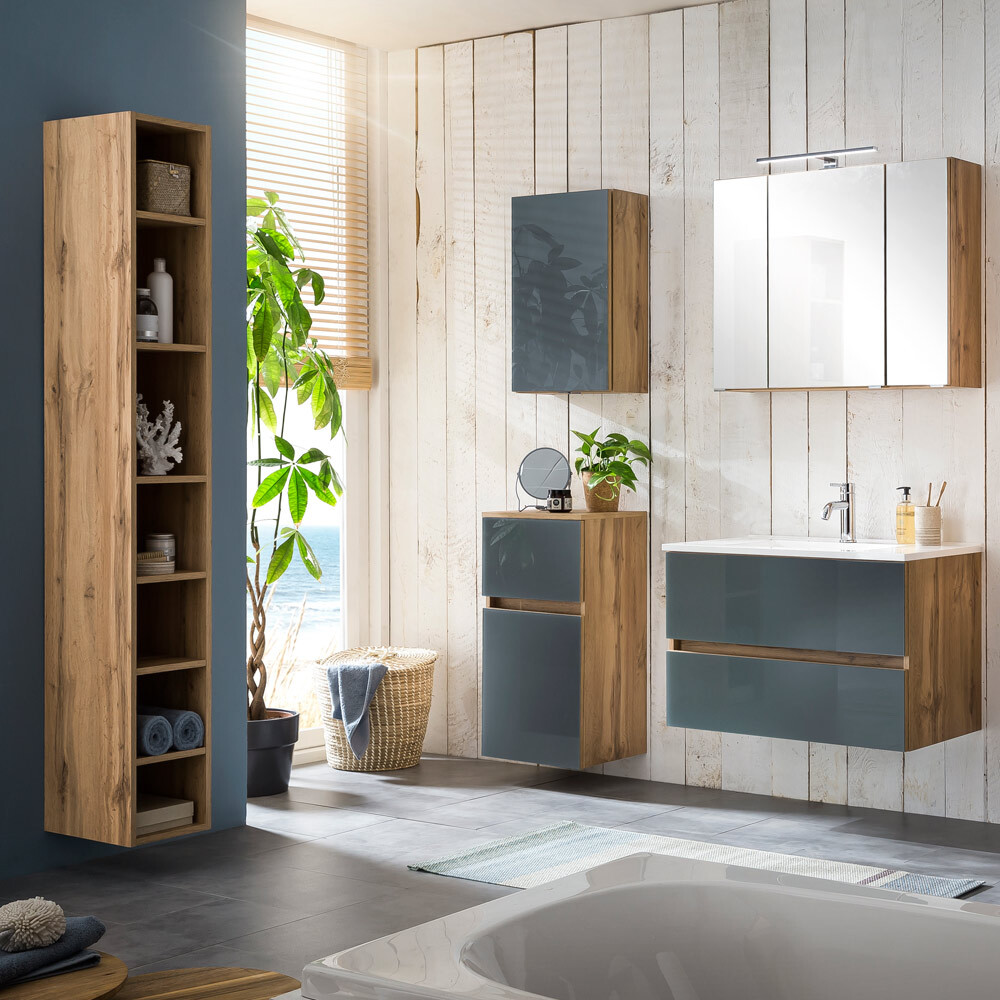 Lomadox Badezimmer Set inklusive Waschbecken HEERLEN-03 in Wotaneiche Nb. mit Glasfronten grau, B/H/T: ca. 140/200/47 cm LA03-HEERLEN-03-SET8