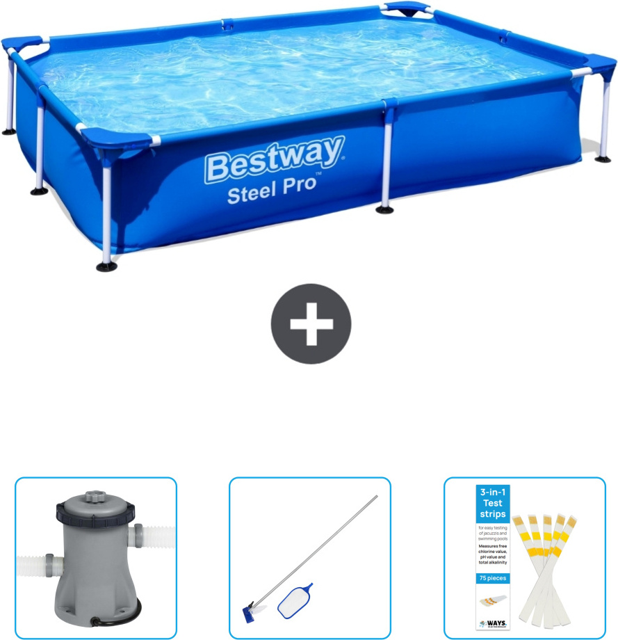 Obdĺžnikový bazén Bestway Steel Pro - 221 x 150 x 43 cm - modrý - obsahuje čerpadlo - čistiacu súpravu - testovacie prúžky