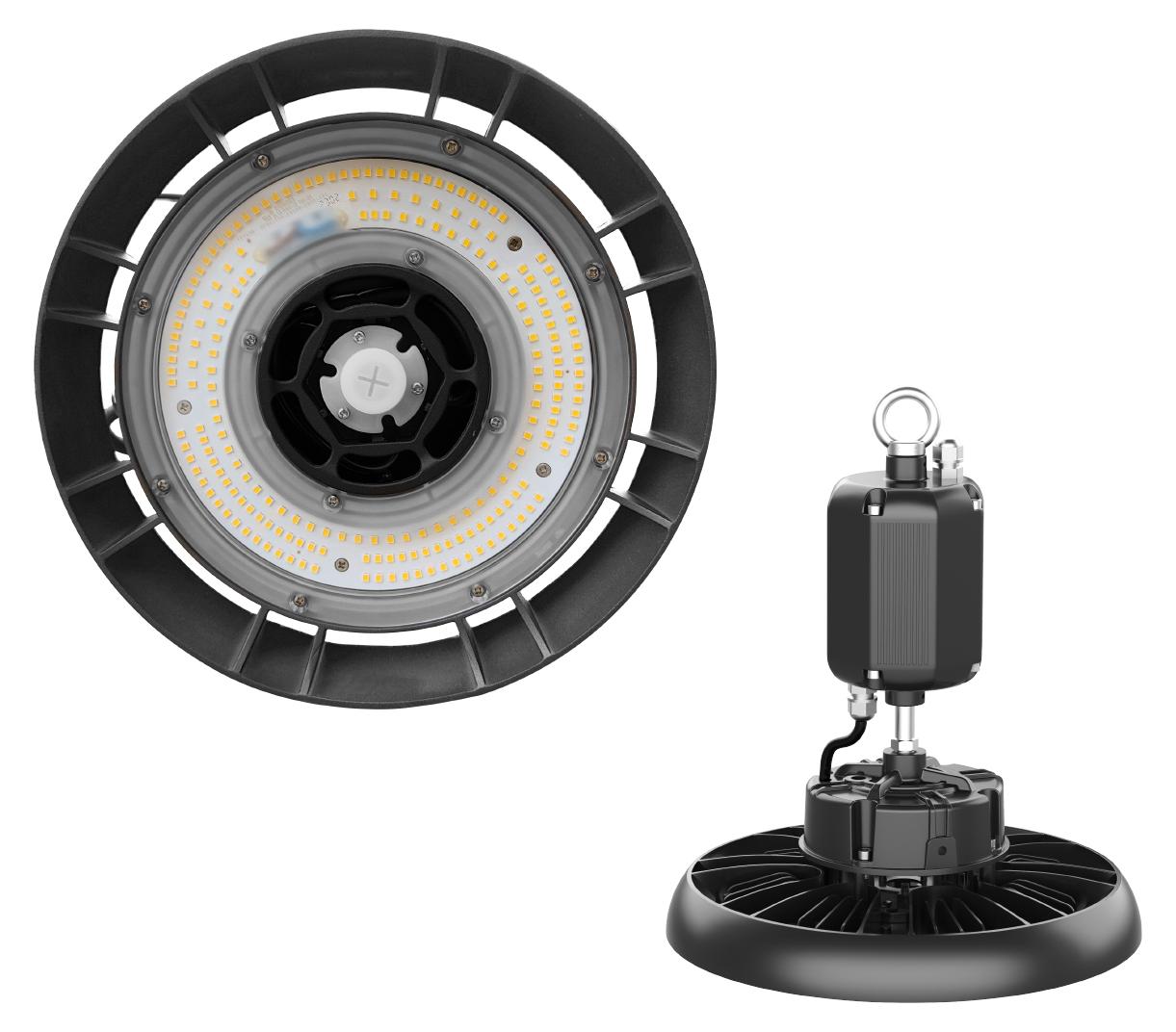 Alcapower LED-Hallenstrahler UFO 100W 15000lm 4000K IP65 IK08, integrierte Notlichtfunktion 180 Min., hohe Lichtausbeute für Industrieumgebungen.