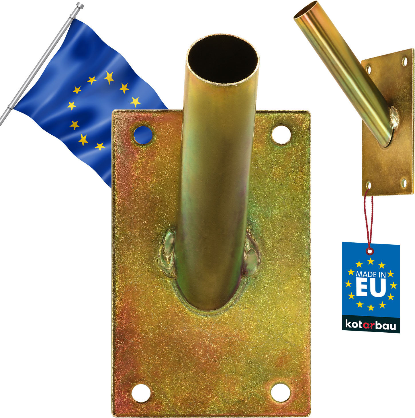 KOTARBAU® Fahnenhalter 1-Fach Verschrauben Fahnenmasthalter Fahne Flagge Flaggenhalter Fahnenstange Halterung Griff Wandbefestigung Feuerverzinkt Gelb