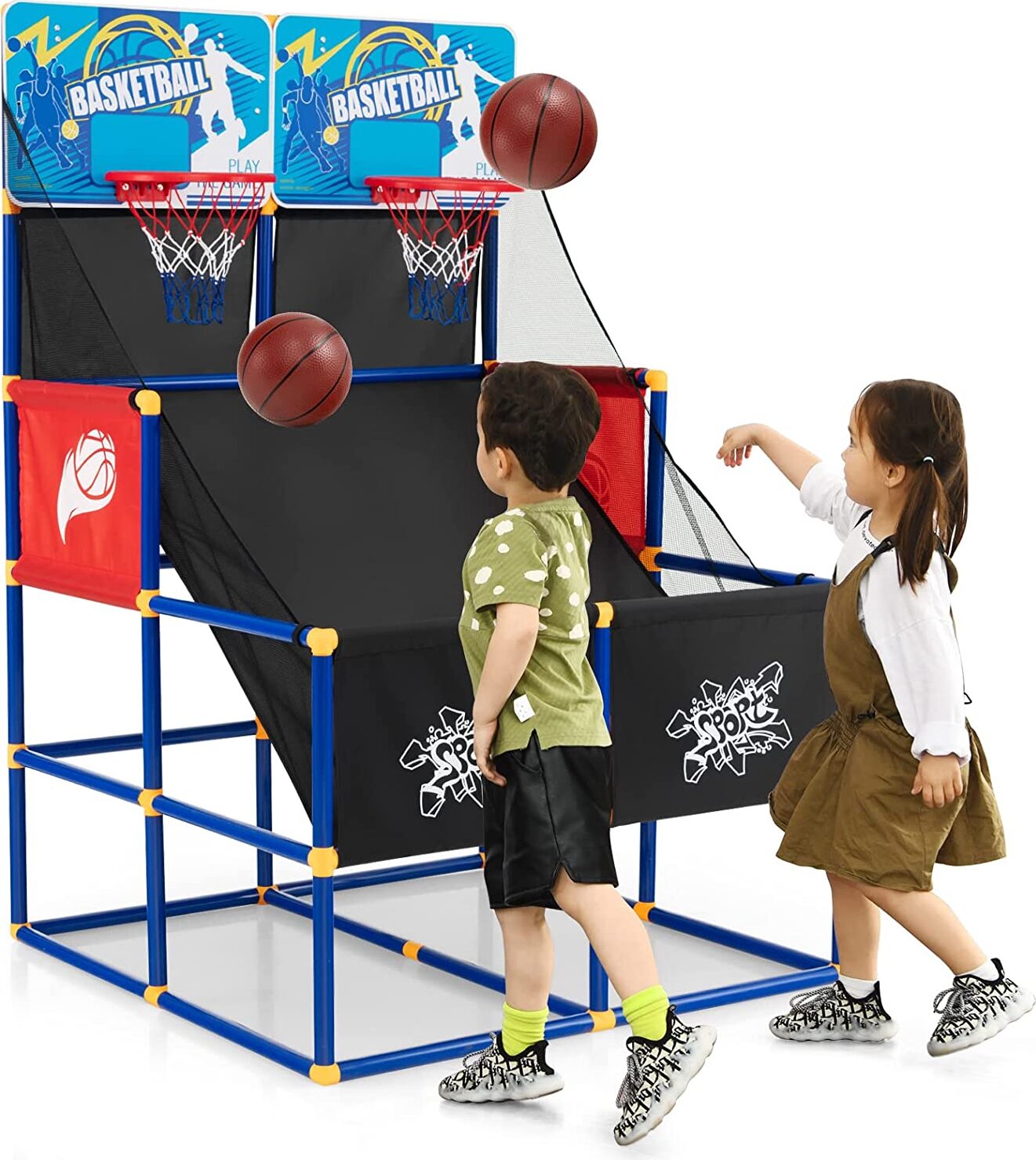 COSTWAY Arcade Basketball Spielset, Basketballständer mit 2 Körben, 4 Bällen und Pumpe, Mini Basketballkorb Outdoor Indoor, Basketballspiel 2 Spieler, Basketball Hoop Kinder Erwachsener, 140cm hoch SP37889