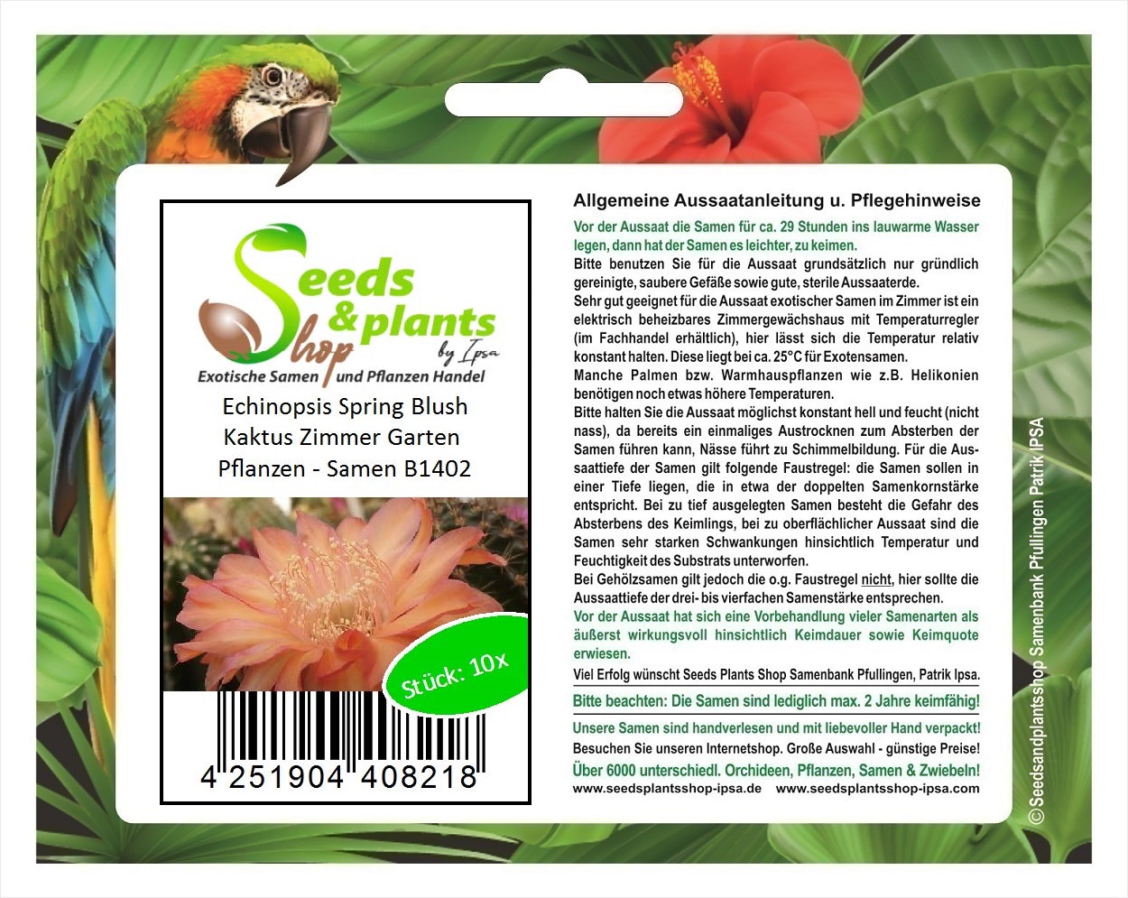 Seeds & Plants Shop by Ipsa 10x Echinopsis Spring Blush Kaktus Zimmer Garten Pflanzen - Samen B1402
