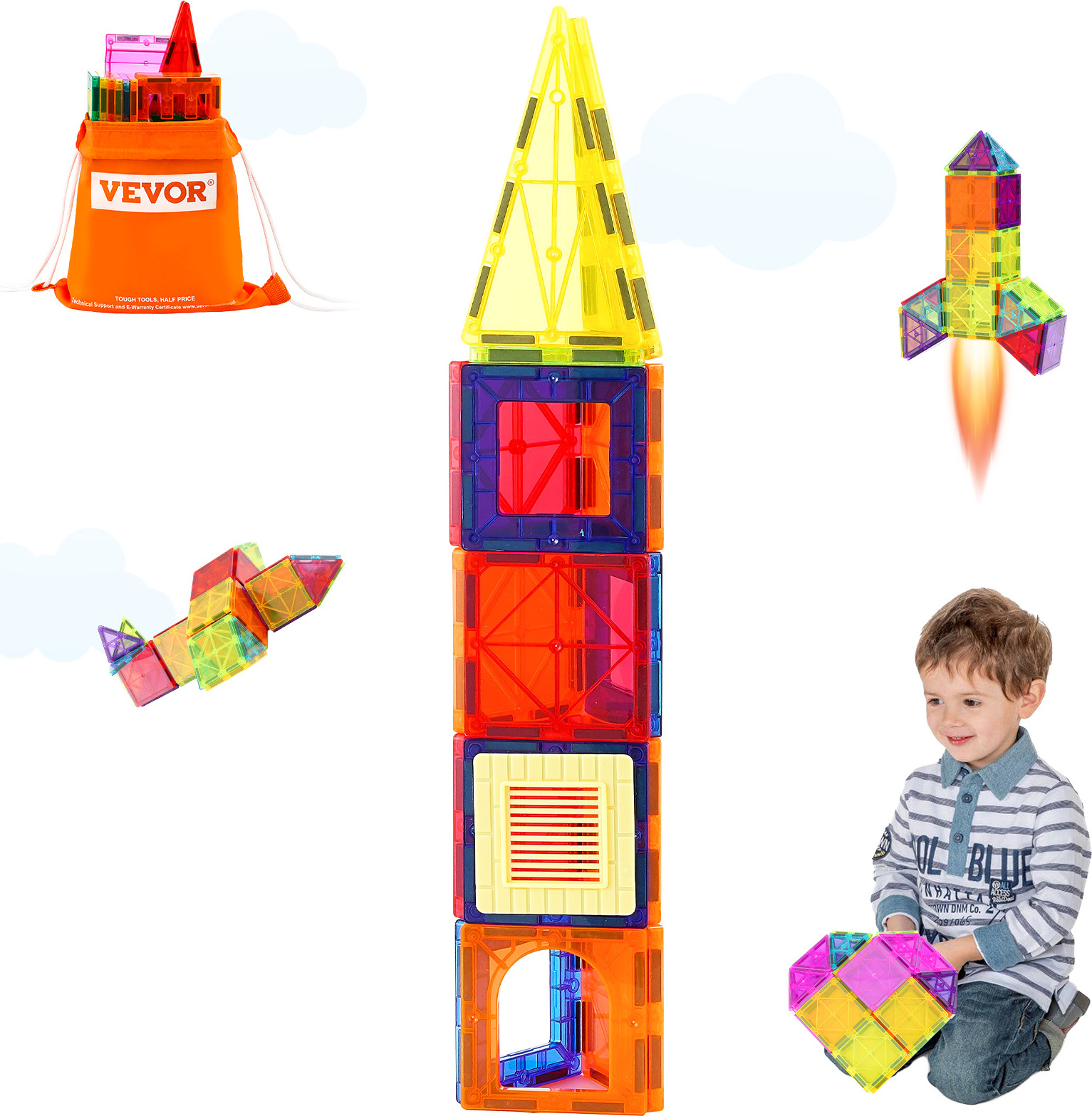 VEVOR Magnetblöcke, 55-teiliger magnetischer Bausatz für Kinder, Magnete mit Autosockel STEM, pädagogisches Gebäude, Stapelspielzeug, Geschenk