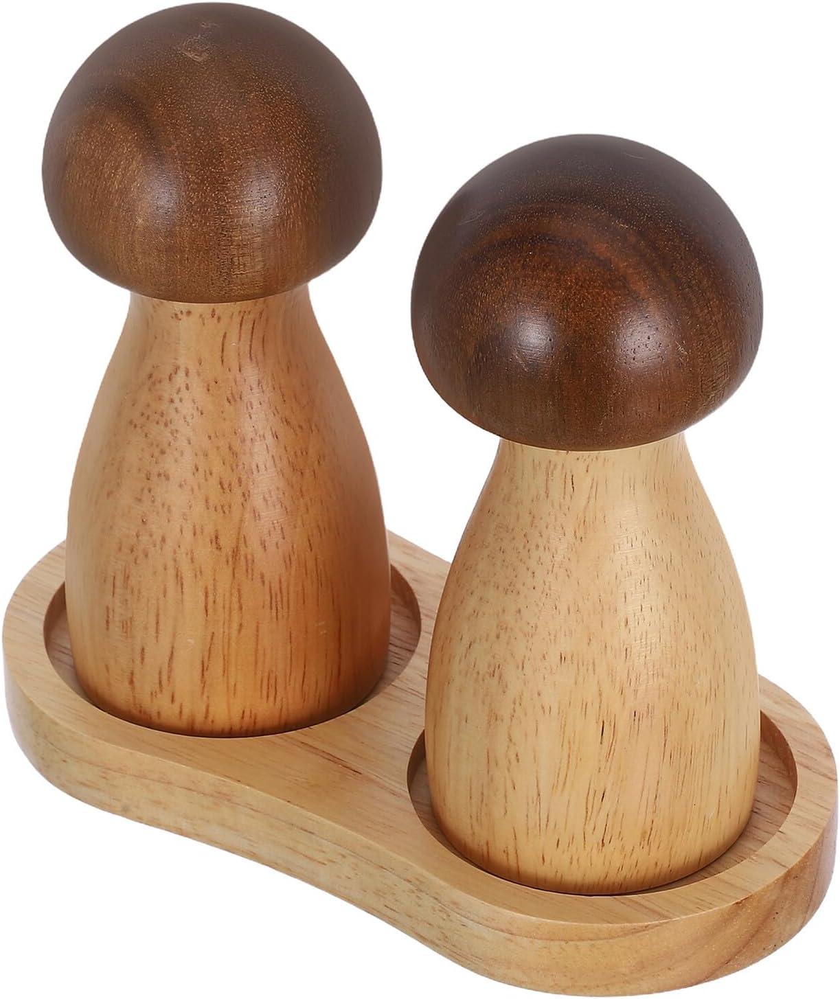 Markenlos Manuelle Salz und Pfeffermühle Pilzförmig mit Eichenholz Sockel für Kreative Gewürzaufbewahrung in Küche 6x5cm