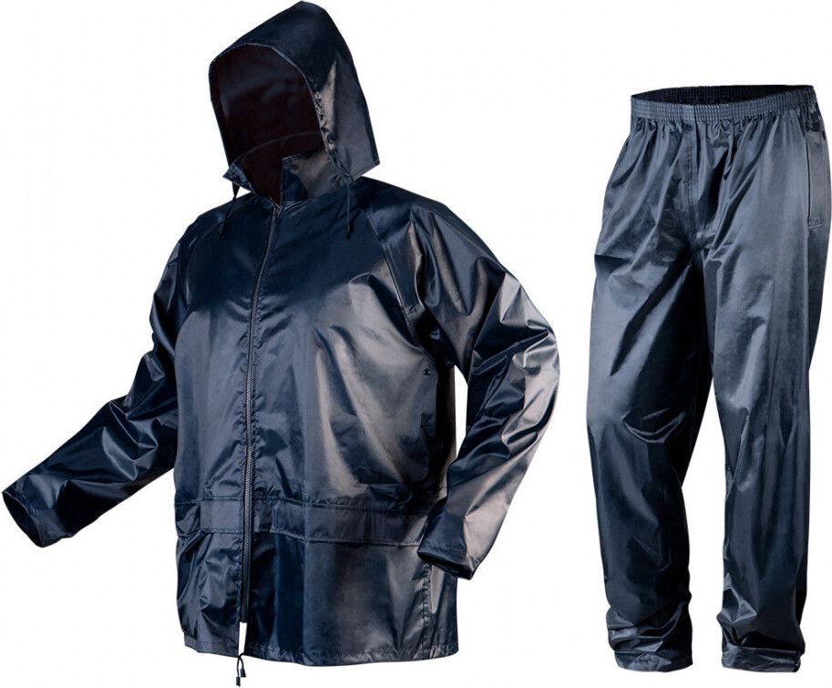 NEO TOOLS Regenjacke + Regenhose - Regenset Regencape Regenschutz mit Kapuze blau - Gr. XXL 81-800-XXL
