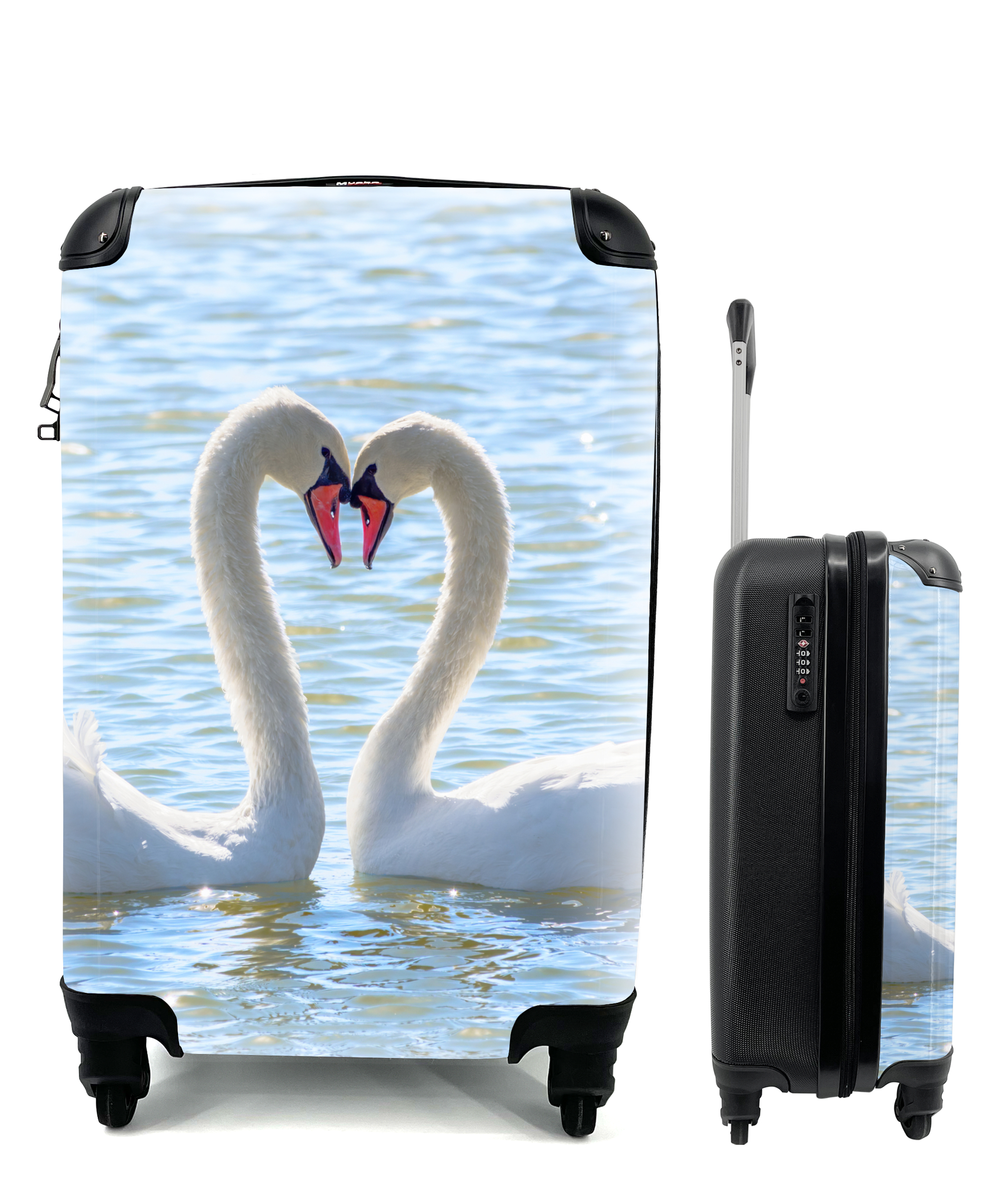 MuchoWow® Koffer Handgepäck Trolley Rollkoffer Kleine Reisekoffer mit 4 Rollen - Vögel - Schwan - Wasser - Liebe - Sonne - Cabin Size < 55x40x23 cm & 55x40x20 cm - Fotokoffer - Kabinenkoffer - Boardgepäck - Reise-Box - Reisekoffer - Reisegepäck - Koffer mit Bild - Trolley für Kinder 68|891610656