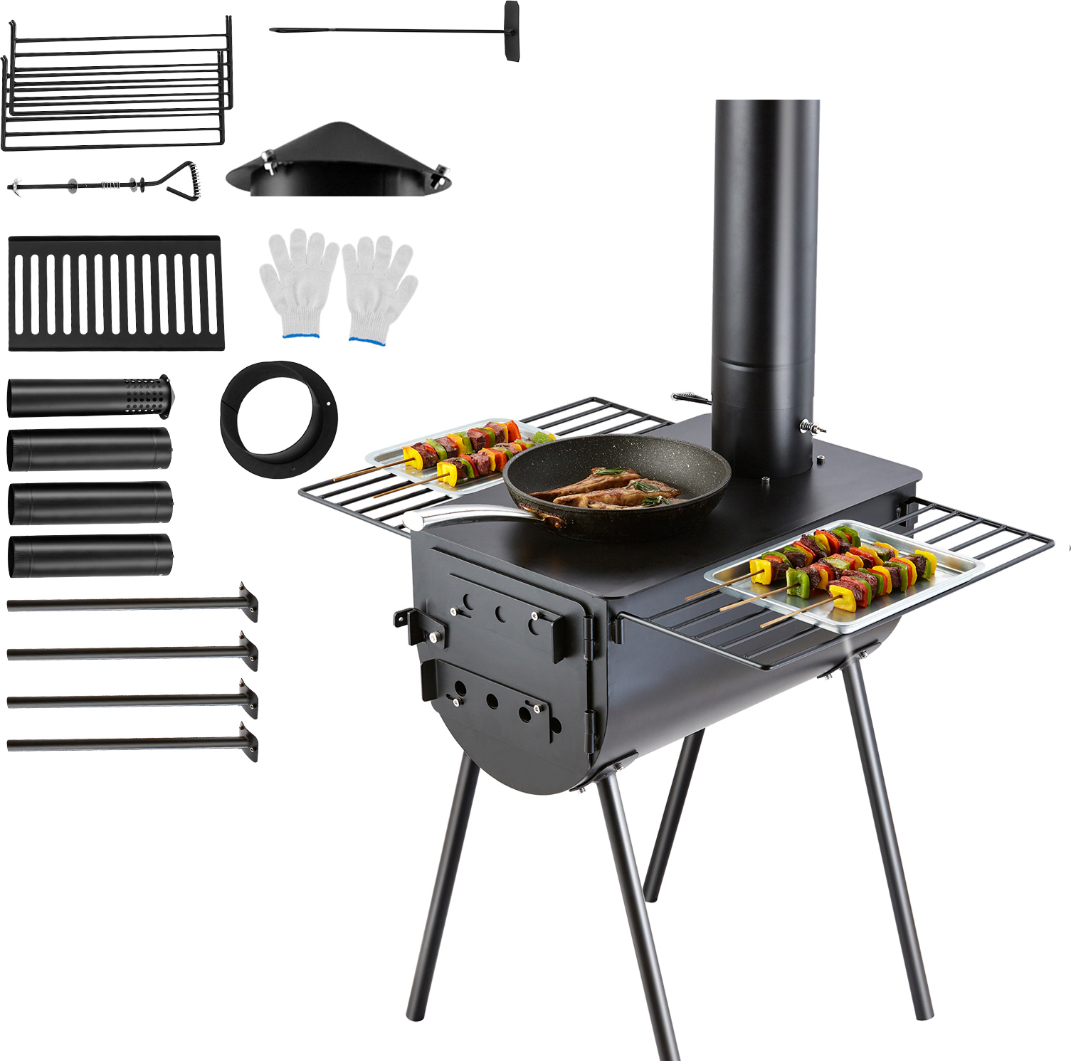 SucceBuy 118" kachle na drevo z legovanej ocele, prenosné kempingové stanové kachle s komínovými rúrami a rukavicami, 3000 in³ ohnisko na vonkajšie varenie a vykurovanie, vrátane 8 rúr