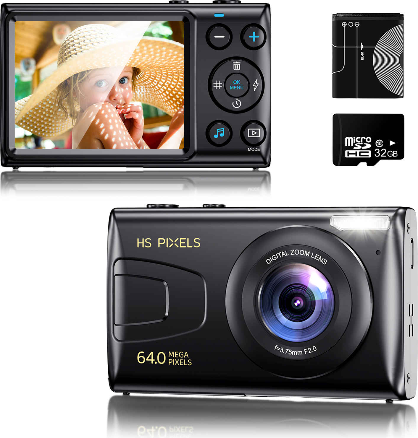OKA gute Qualität Digitalkamera, Kamera Fotokamera mit 32GB Karte,48MP 1080P FHD 2,4 ' LCD 18X Digitalzoom Kompaktkamera,Tragbare Fotoapparat, ,Schwarz C2S