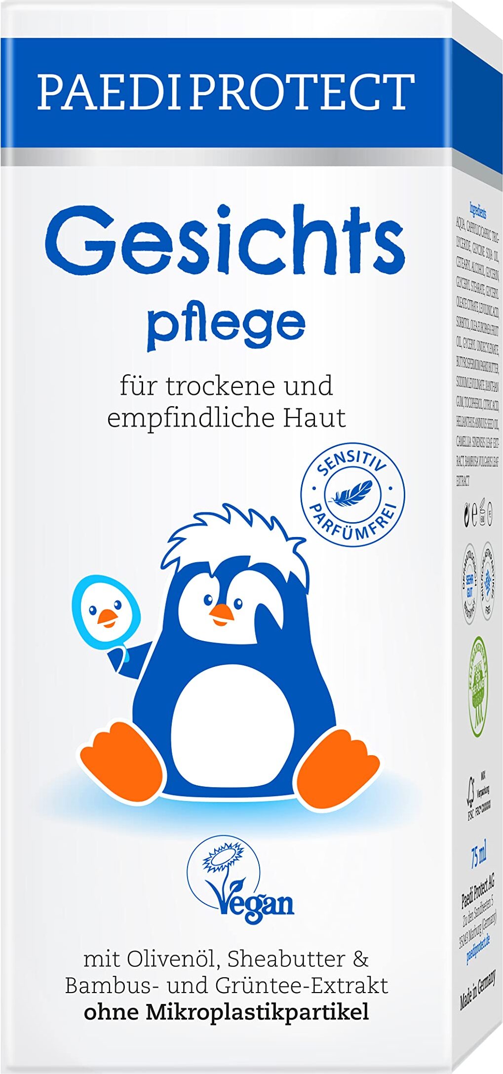 PAEDIPROTECT Gesichtspflege Baby & Kinder Creme 75 ml, ohne Parfüm & ohne Mikroplastik, Gesichtscreme trockene, empfindliche Haut, vegane Pflegestoffe hautberuhigend & pflegend, Babyhautpflege Lotion 67
