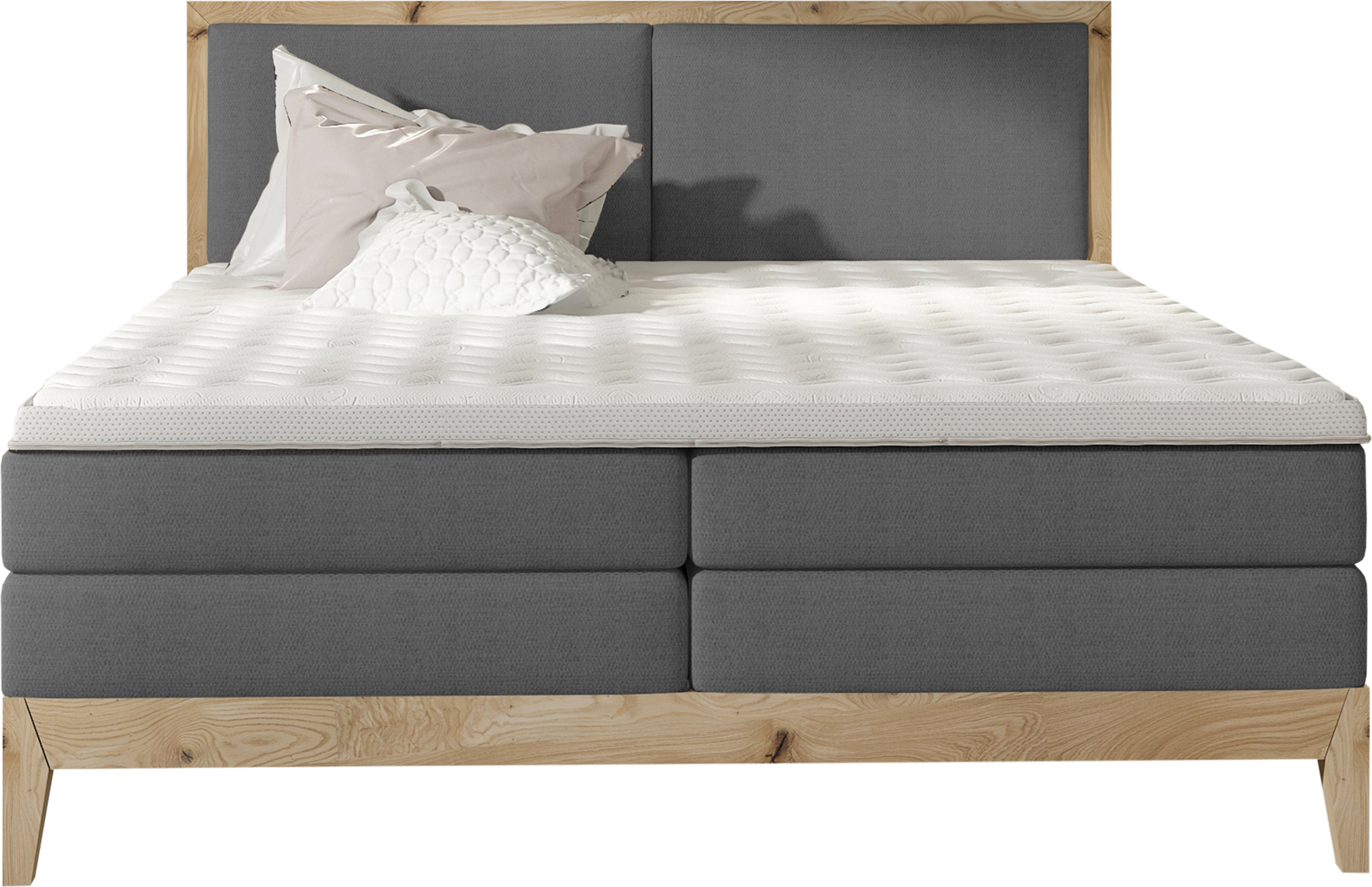 Schlafzimmer Bett Kontinentalbett IDA - Eiche Massivholz, 7-Zonen-Taschenfederkernmatratze, Premium Kaltschaum Topper - Boxspringbett Mit Beleuchtung | 140x200 cm | Graphit