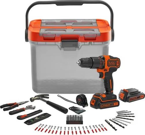 Black & Decker KIT BRICO : Bohrmaschine Perc 18V BLACK+DEKKER - mit 2 Batterien 1,5Ah , 6 Werkzeugen, 60 Akkus, 12 Schlüsseln und Box - BCKSB04-QW