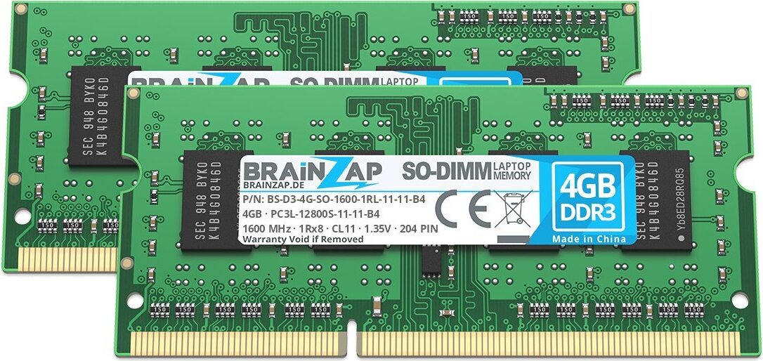 BRAINZAP 8GB () DDR3 RAM SO-DIMM PC3L-12800S-11-11-B4 1Rx8 1600 MHz 1.35V CL11 Notebook Laptop Arbeitsspeicher 2x 4GB BS-D3-8GK2-SO-1600-1RL-11-11-B4