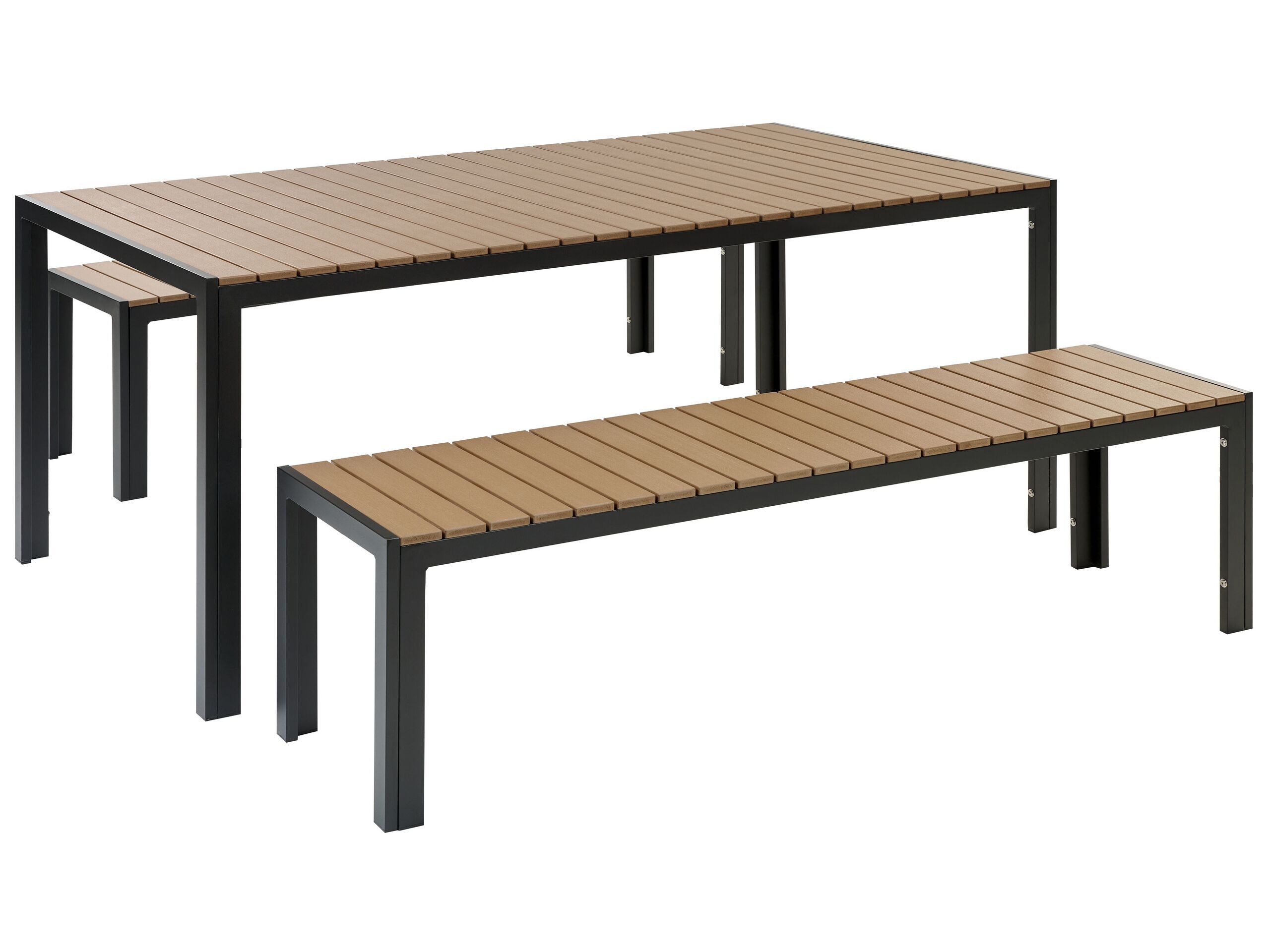 BELIANI Sada záhradného nábytku svetlé drevo a čierna vonkajšia 3-dielna obdĺžnikový stôl 2 lavice brúsený hliníkový rám