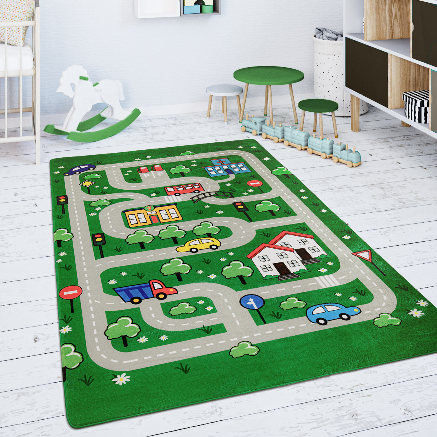 Kinderteppich Teppich Kinderzimmer Spielmatte Babymatte Straße Bär Elch Bäume Gr 