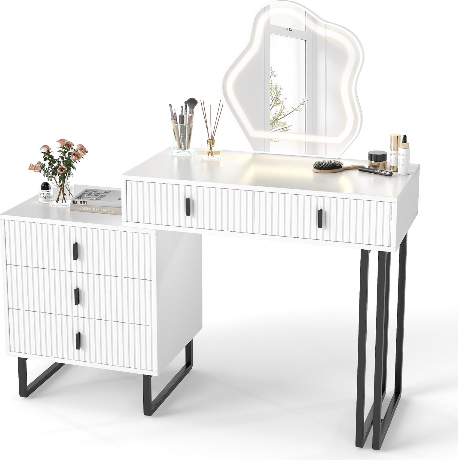 Set toeletta con specchio rettangolare e sgabello, Tavolo per truccarsi con 10 lampadine LED, Bianco