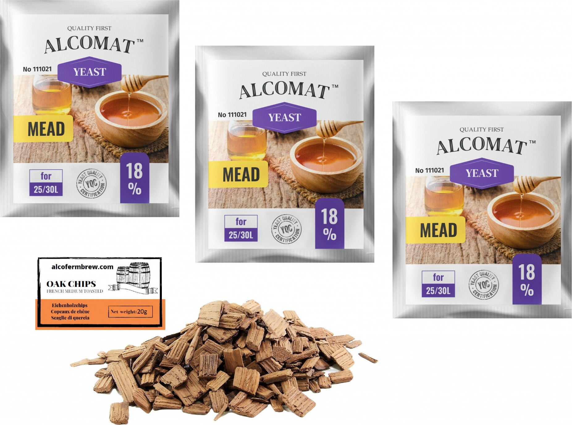 Alcofermbrew 3 x Honigwein Hefe 5g/25-30L + Eichenholzchips, Alcomat Trocken Methefe, Weinhefe