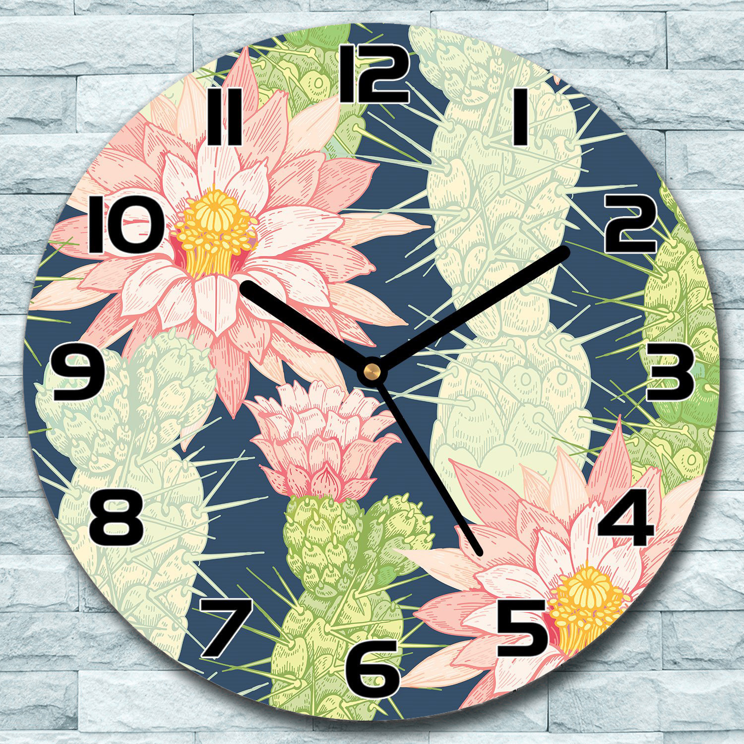 coloray Wanduhr aus Glas Rund fi 30 Kakteenblüten Kaktus Quarz Deko Schlafzimmer Büro zso-black-f30-bloomsy-81