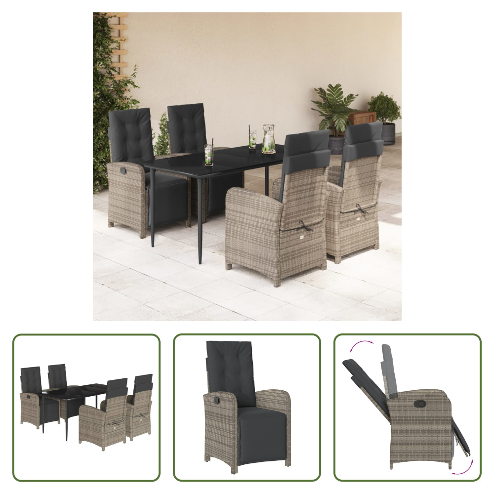 The Living Store 5-dielny záhradný jedálenský set s vankúšmi sivý polyratan