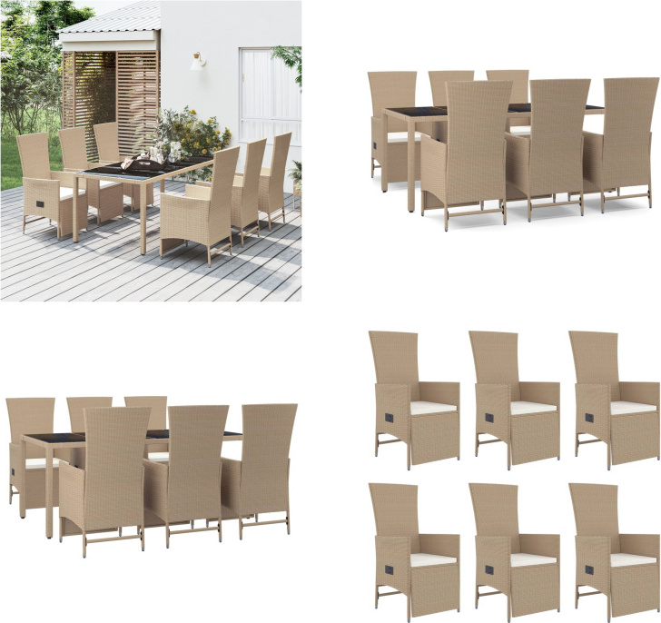 vidaXL 7 tlg. Garten Essgruppe mit Kissen Beige Poly Rattan - Garten Essgruppe - Garten Essgruppen - Essgruppe - Essgruppe Terrasse