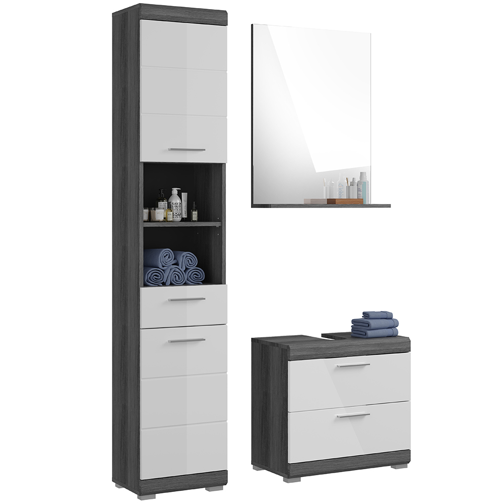 Lomadox Badezimmermöbel Set 3-teilig modern in Hochglanz weiß mit grau SIROCO-158 LA158-SIROCO-158-SET27
